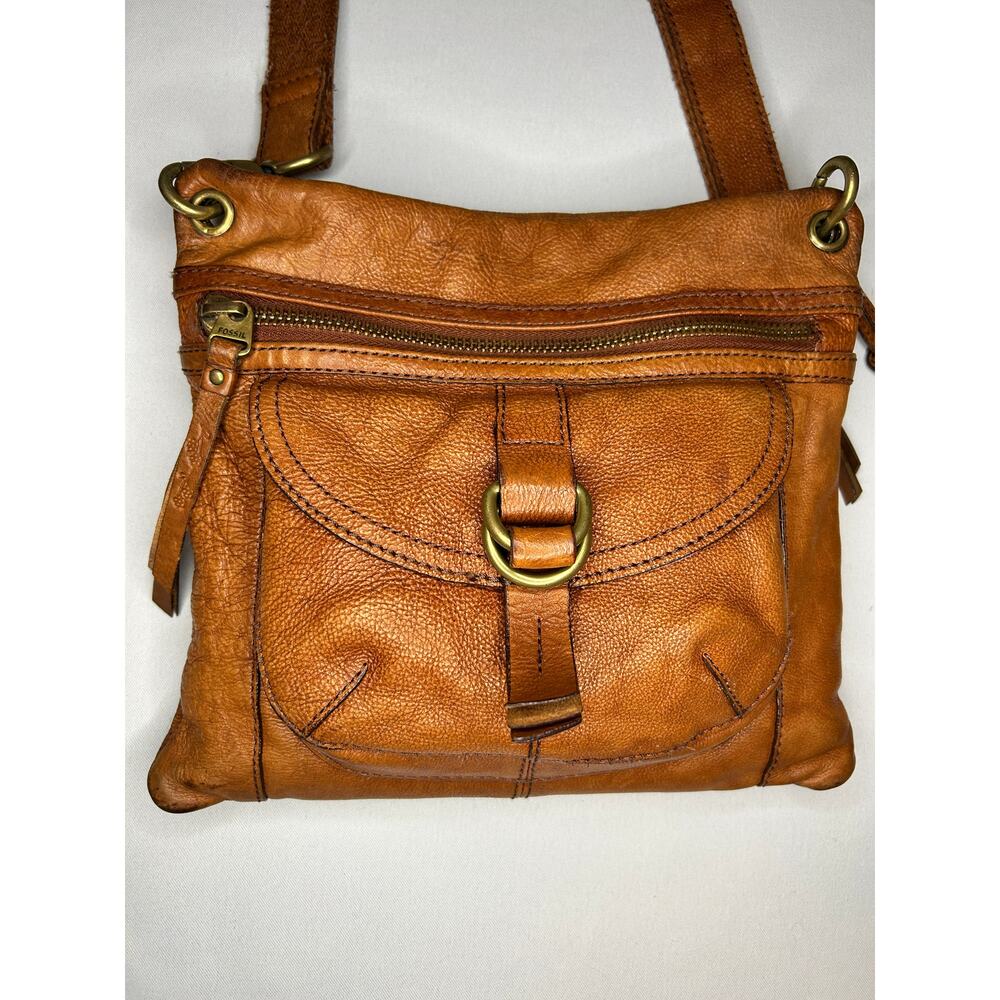 Fossil Tan Leather Crossbody Bag with Brass Hardware